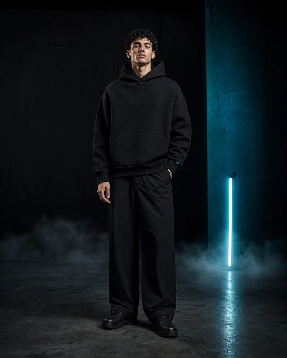 Still Hoodie in Void Black front editorial